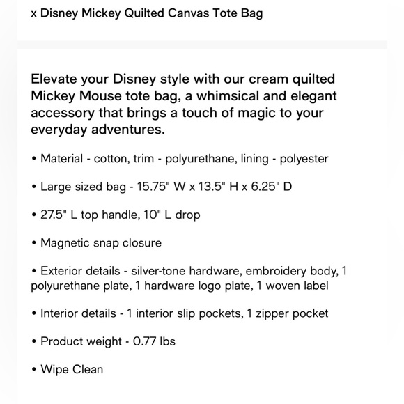 DISNEY MICKEY QUILTED TOTE BAG COLOR CREAM - Picture 11 of 11